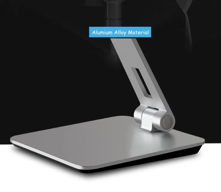 Folding aluminium phone and tablet holder with 360° rotation in black or silver