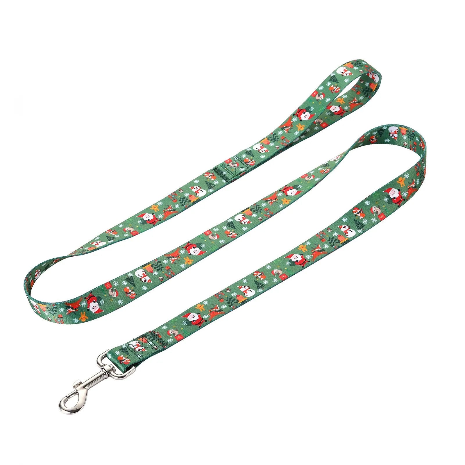 Christmas red polyester dog collar and hand holding rope set on a festive background