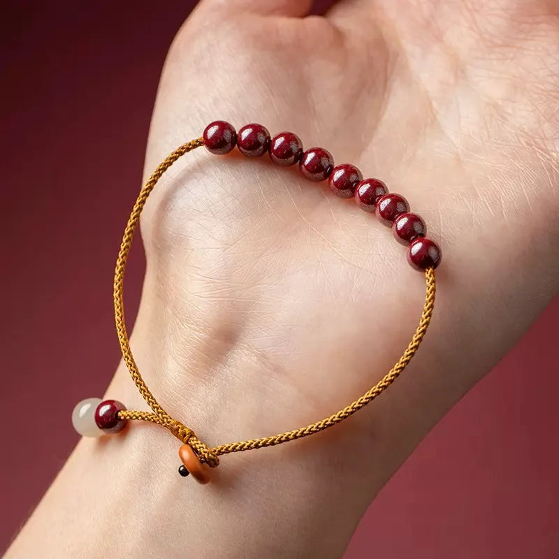 Hand-woven Raw Ore Cinnabar and Hetian Jade geometric bracelet with natural mineral colours