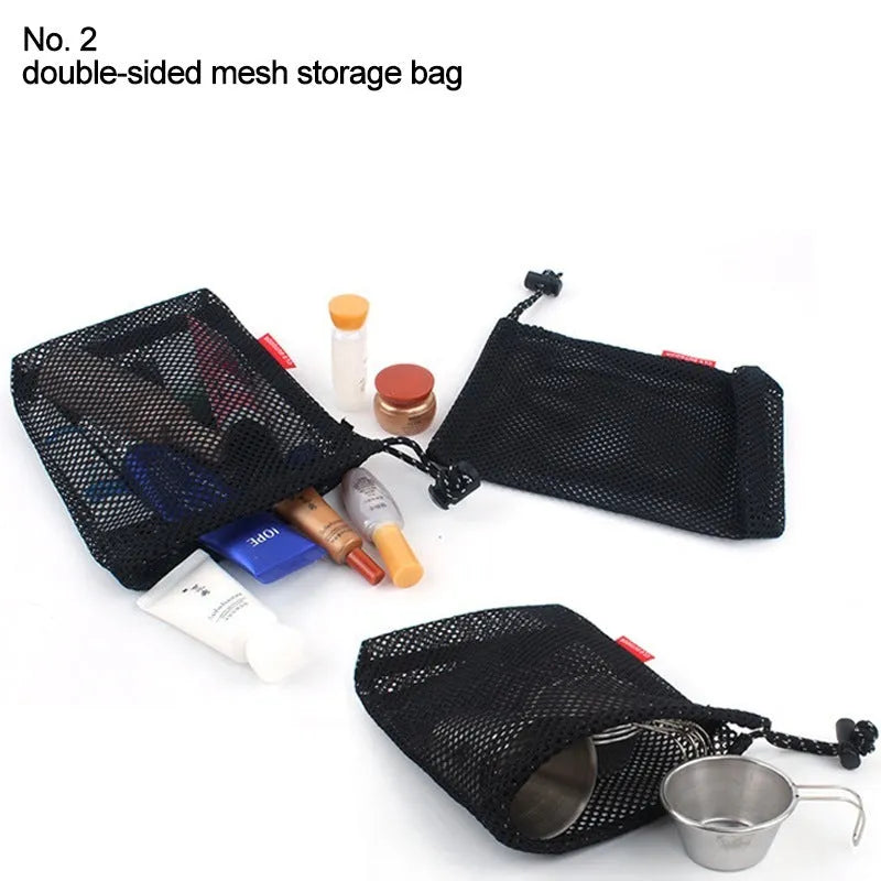 Set of five red outdoor travel storage bags with mesh panels and zipper closures