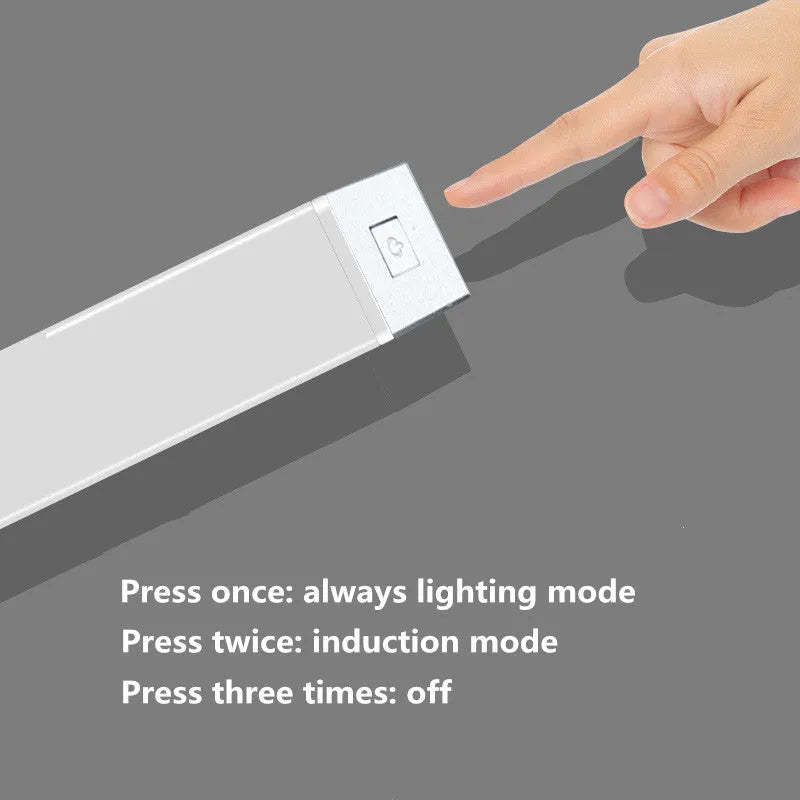 Silver aluminium LED motion sensor light with magnetic back for wardrobe and cupboard mounting.