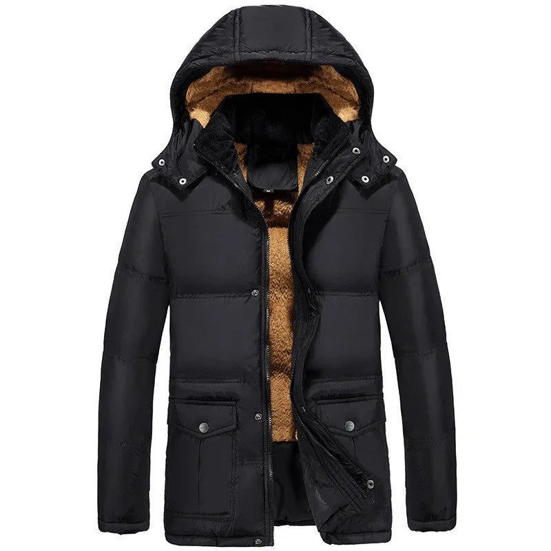 Black men's velvet-lined padded winter jacket with hood and double-breasted closure