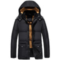 Black men's velvet-lined padded winter jacket with hood and double-breasted closure