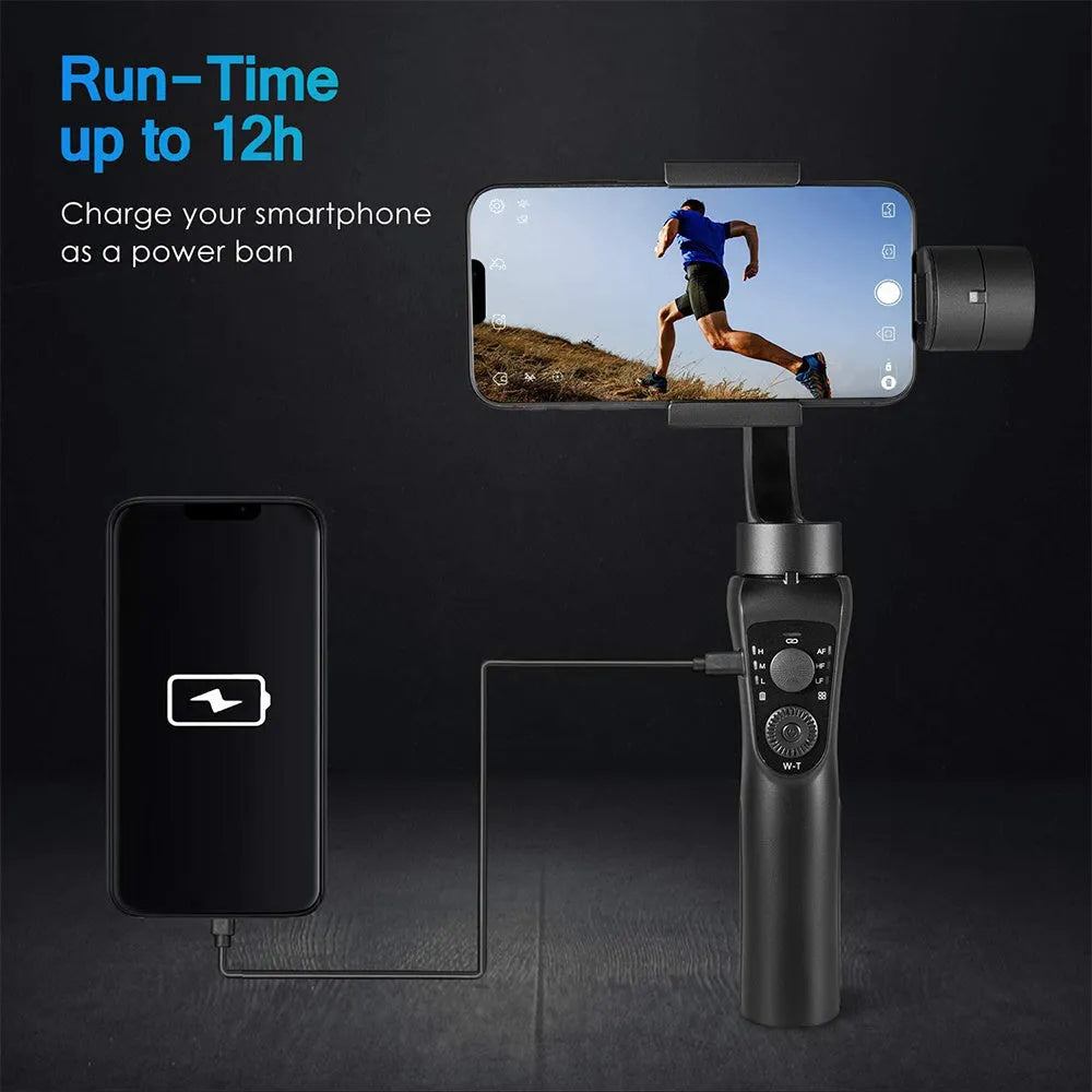Black three-axis handheld gimbal stabilizer for mobile phones with hard case and tripod