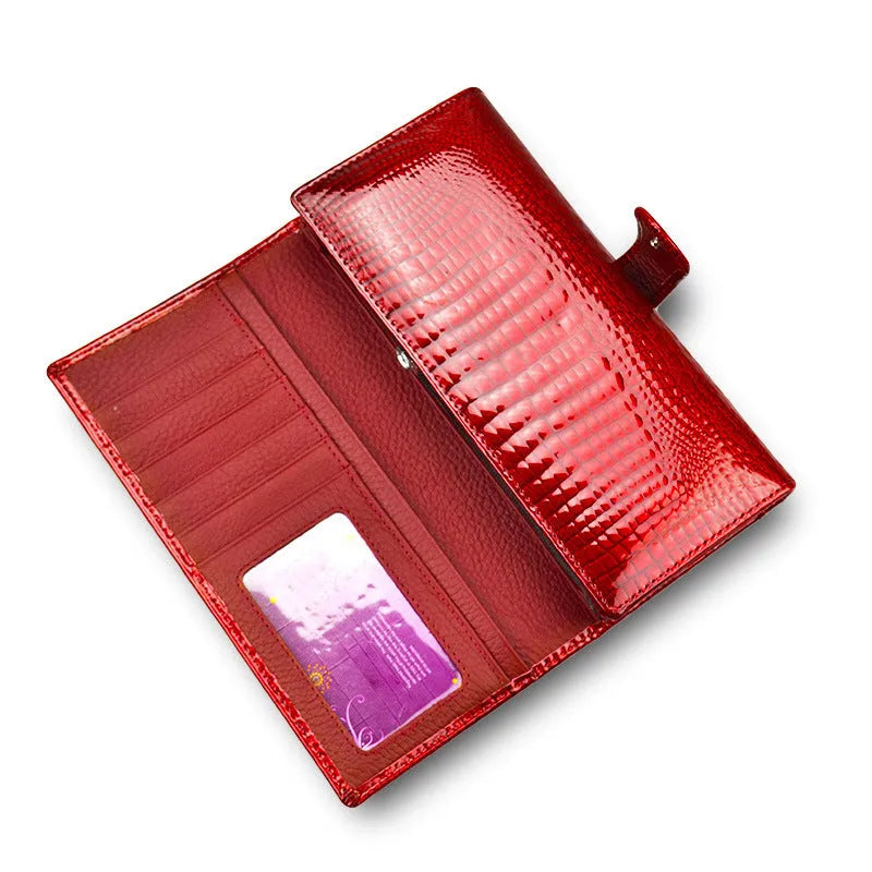 Women's leather coin purse with patent finish and crocodile pattern in red, wine red, and black colour options