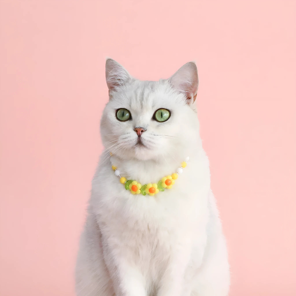 Adjustable colourful beads plastic cat necklace in peach, rainbow and small flower designs