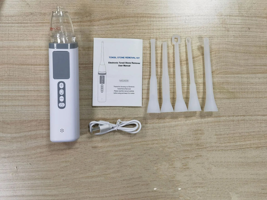 Milky white plastic tonsil stone extractor oral cleaning tool on a white background.