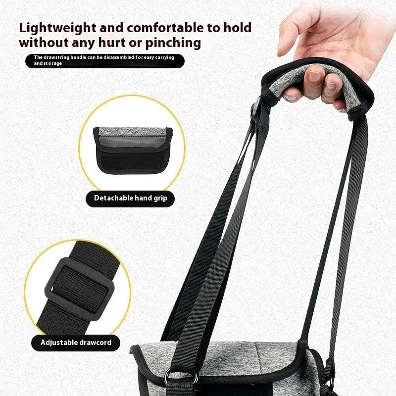 Grey neoprene dog rear leg recovery belt showing adjustable waist and thigh straps on a size chart.