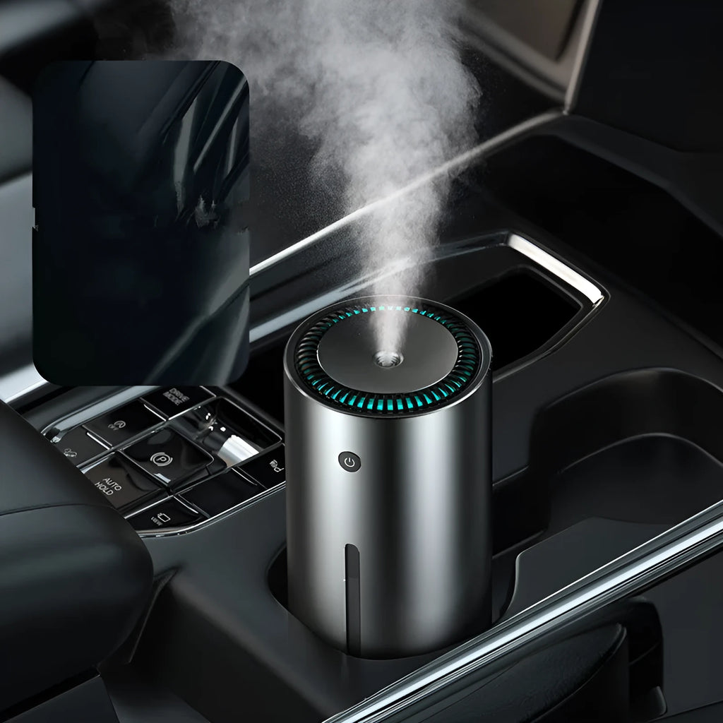 Black aluminum car diffuser humidifier with USB connection removing 99.98% of dust and pollen