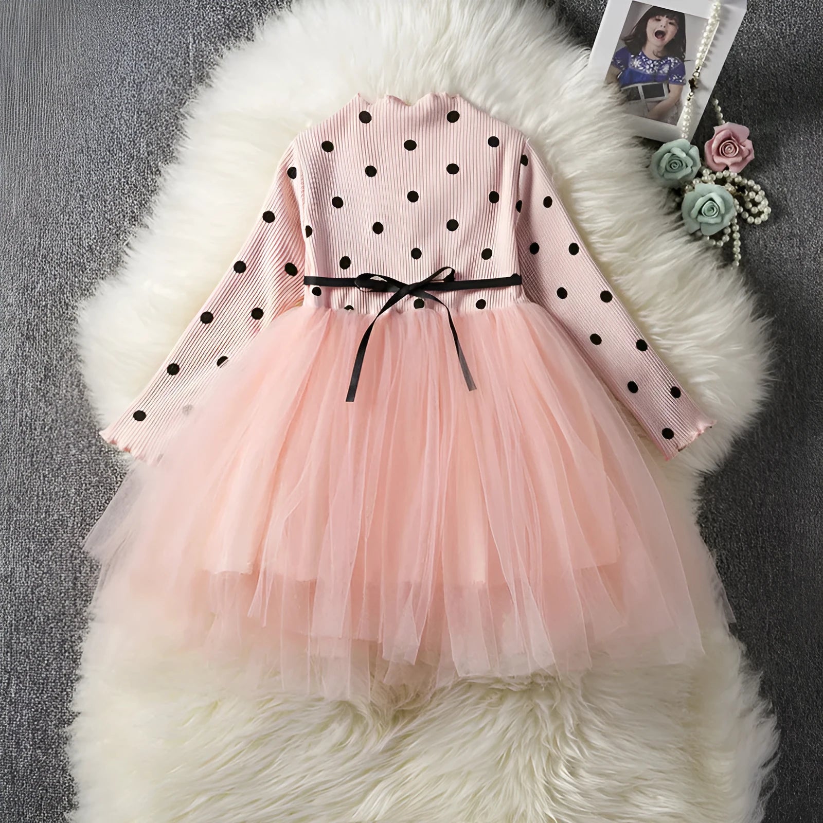 Baby girls long sleeve lace tutu dress in black, pink, or white for 1st birthday parties and christenings