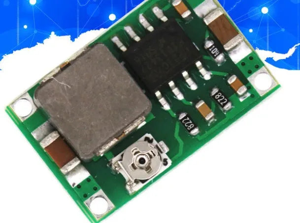 Mini-360 green DC-DC buck converter module measuring 17x11mm with synchronous rectification
