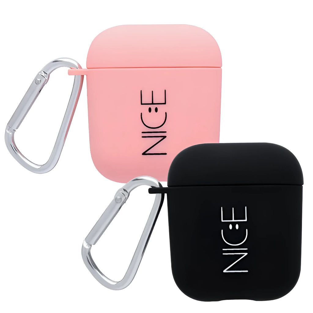 Black AirPods hard case with a smiley face design next to a pink case with a flower pattern.