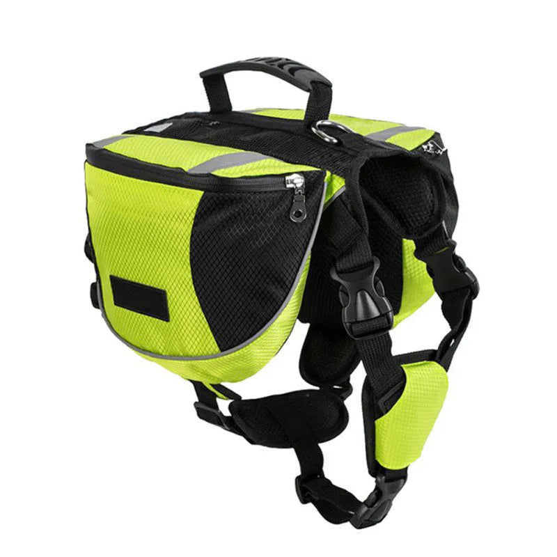 Dog hiking pack with adjustable neck, breathable mesh, reflective tape and large capacity in black