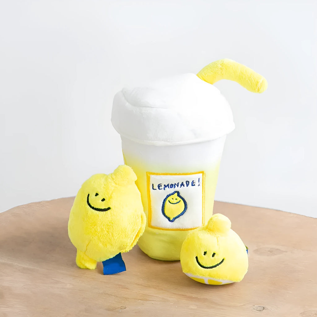 Yellow plush pet voice toy shaped like a lemon tea cup with squeaker and side snack pocket