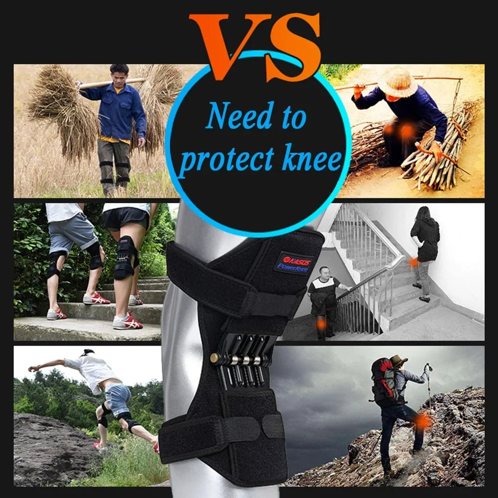Black spring-loaded knee support brace with adjustable straps and venting holes, shown on a knee.