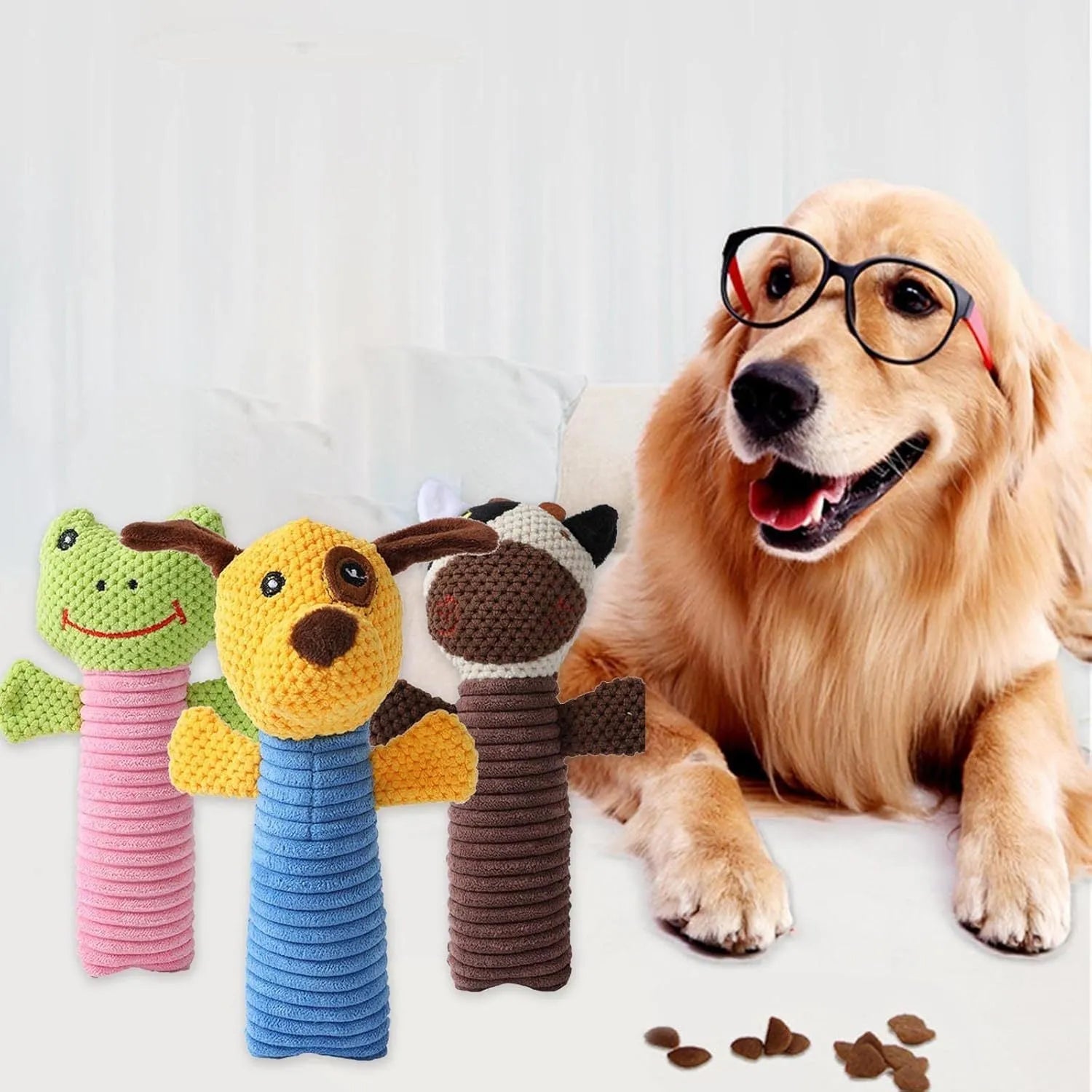 Dog squeaky chew toy shaped like a stuffed animal, 19cm long, for teeth cleaning and play.