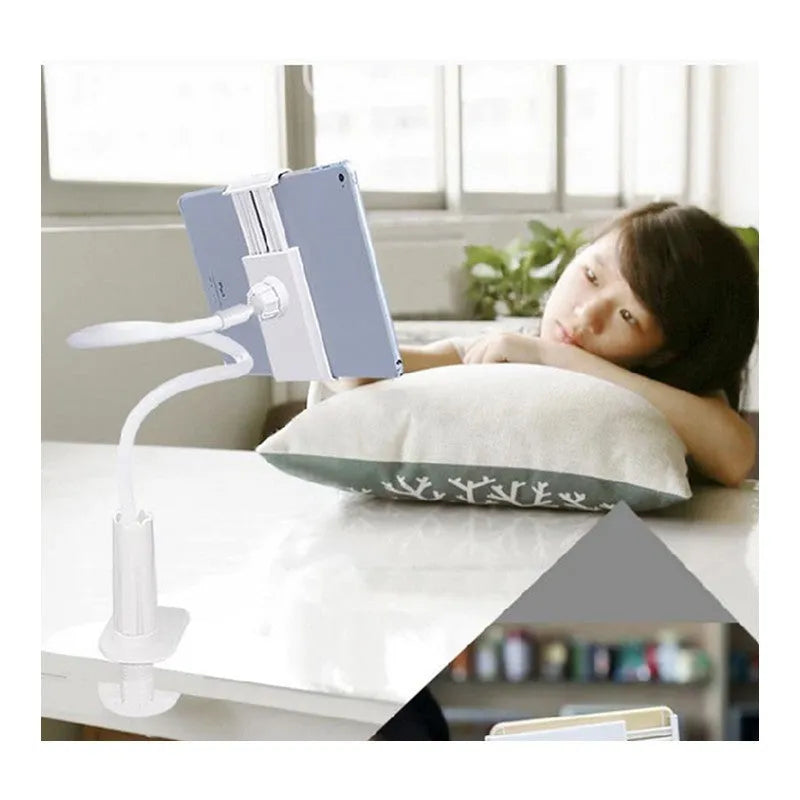 Black flexible mount holder with suction base holding tablet at adjustable angle