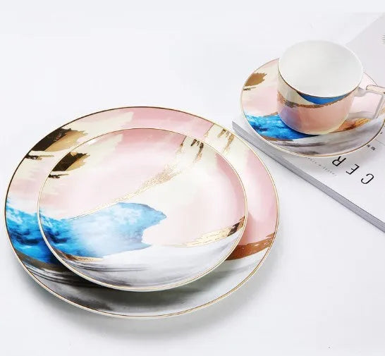 Watercolour dessert plates with real gold edge, 45% bone powder porcelain, 26.5 cm and 20.5 cm sizes, pink yellow blue options.