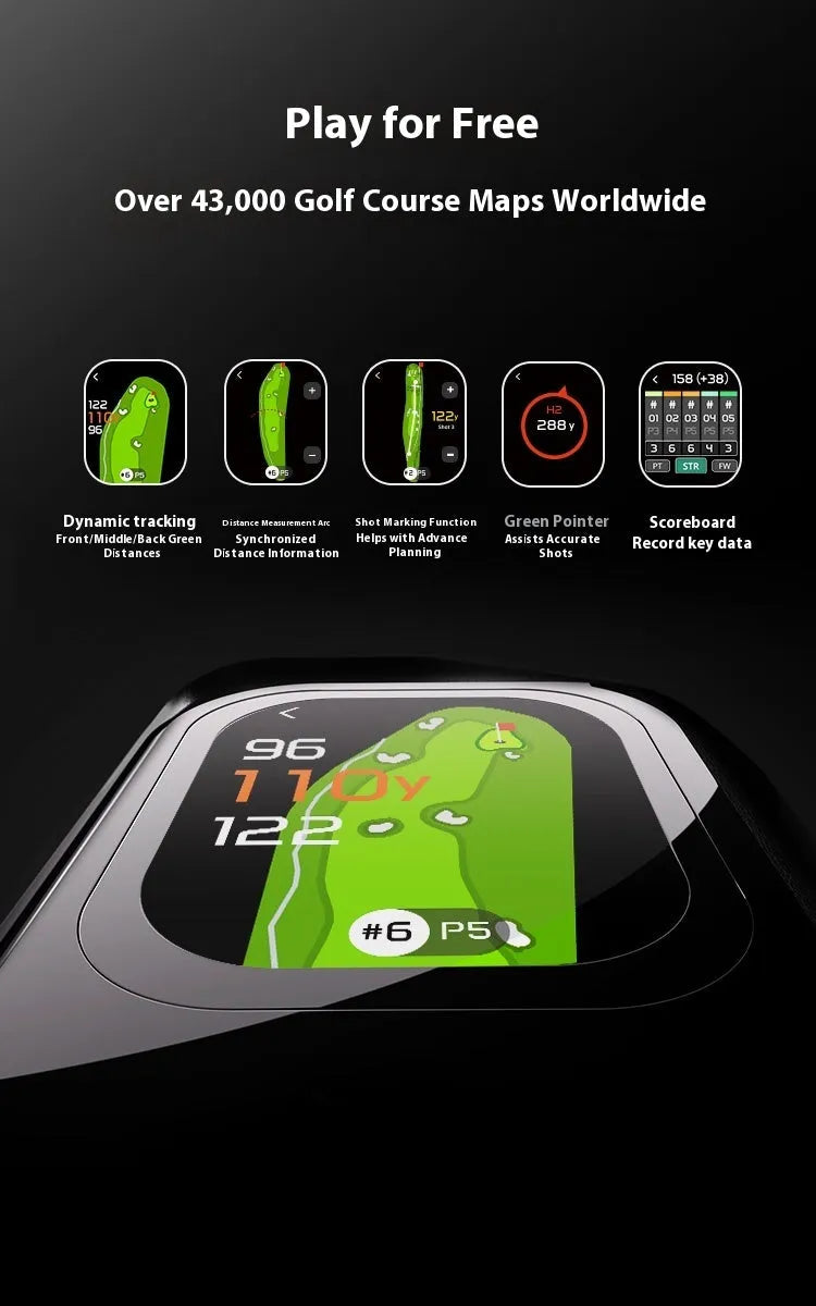 Black GPS laser rangefinder with AMOLED display showing distance measurement and mapping interface
