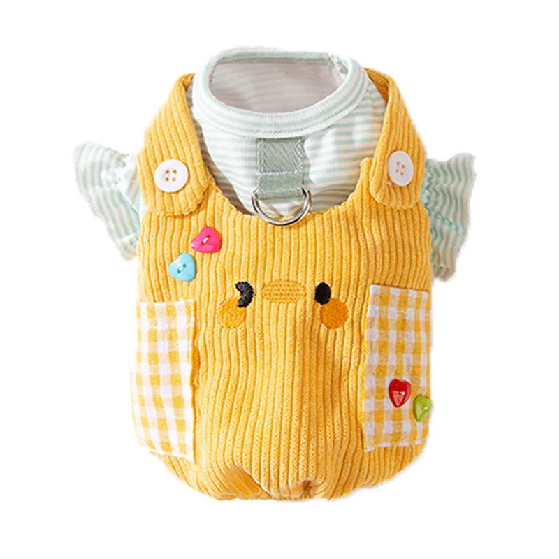 Two-legged dog overalls suit in polyester, shown in Rock Yellow Chicken and Lomi Brown Tiger, sizes XS to XXL for autumn and winter pet clothing.