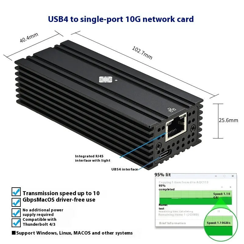 Black USB4 to 10 Gigabit Ethernet network adapter with 20cm cable