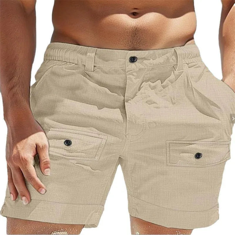 Men's linen shorts with elastic waistband and button pockets in white colour