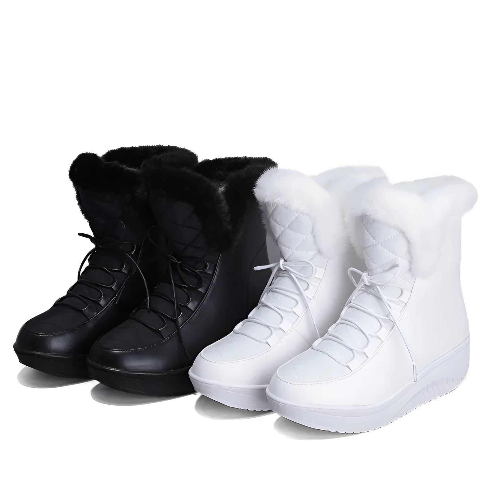 Women's black lace-up winter ankle boots with a platform sole on a white background.