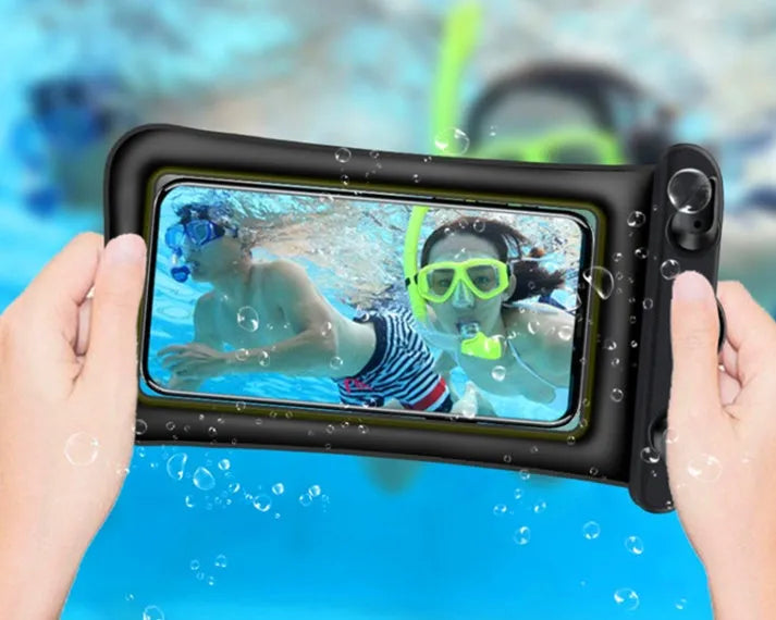 Orange double airbag waterproof mobile phone pouch with 45cm black neck rope.