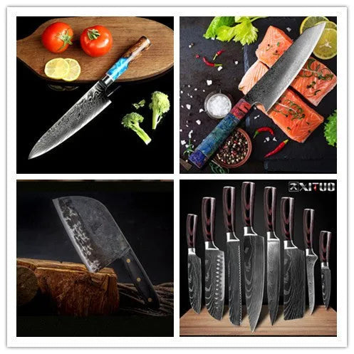 Eight-piece kitchen knife set with chef knife, meat cutter, bread knife, Japanese-style knives, and fruit peel knife
