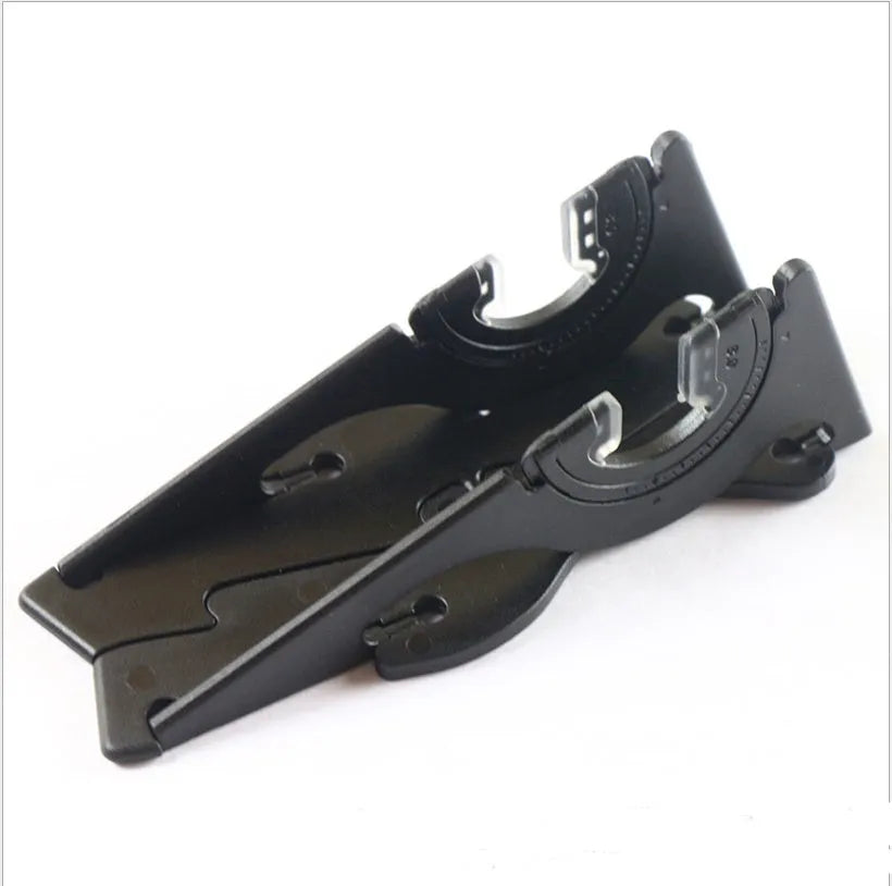 Black plastic card type mobile phone holder with lazy bracket on desktop
