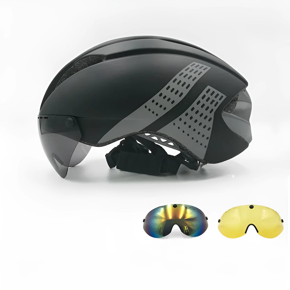 Mountain and road bike helmet with magnetic goggles, PC shell, EPS lining, 315g, size L, Black Grey