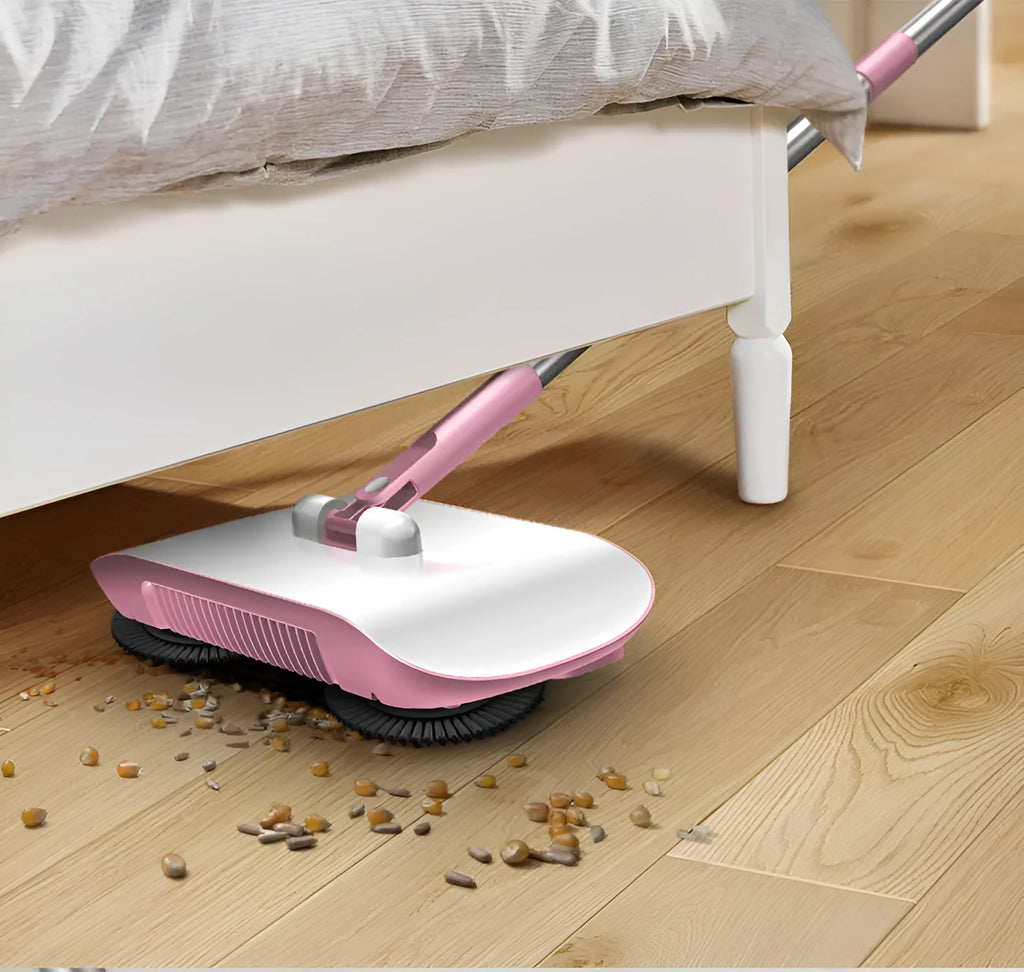 Hand push sweeper with broom, dustpan, and trash bin, 360 degree rotating brush, PP, powder colour, 102x33x16.3 cm