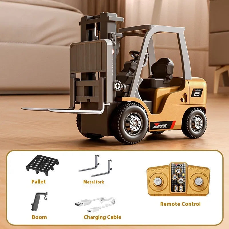 Bluetooth dual-mode remote control alloy forklift toy 1:64 scale with cargo accessories on wooden pallet
