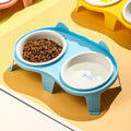Blue ceramic cat food and water bowl set on a white elevated stand with a storage hook.