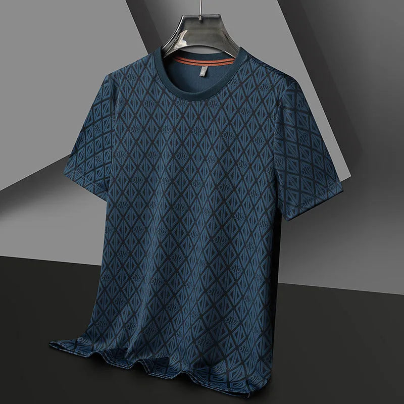 Man wearing a loose fit round neck short sleeve shirt in ice silk fabric.