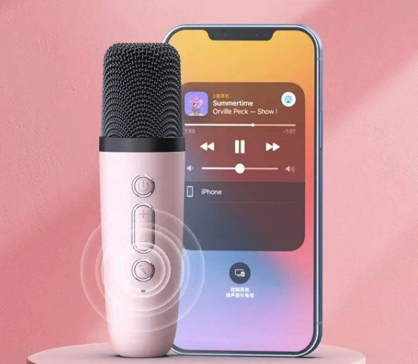 Portable Bluetooth karaoke microphone speaker with coloured LED lights in pink, sky blue or white
