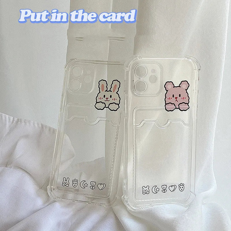 Transparent cartoon-style iPhone case with card slots on the back, for models from iPhone 6 to iPhone 13 Pro Max.