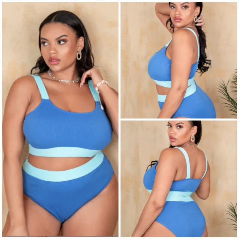 Women's high-waisted bikini set in solid colour with split bottom and stitching detail