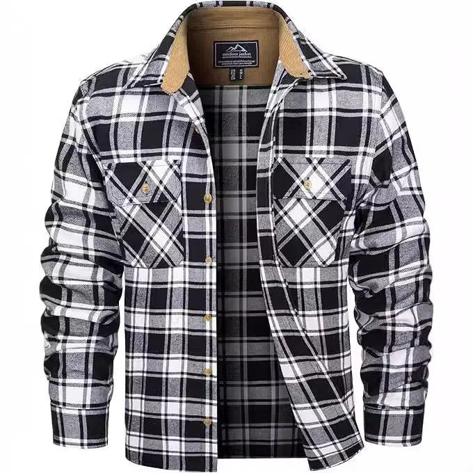 Men's flannel button shirt showing plaid pattern in multiple colour options with cardigan-style cut