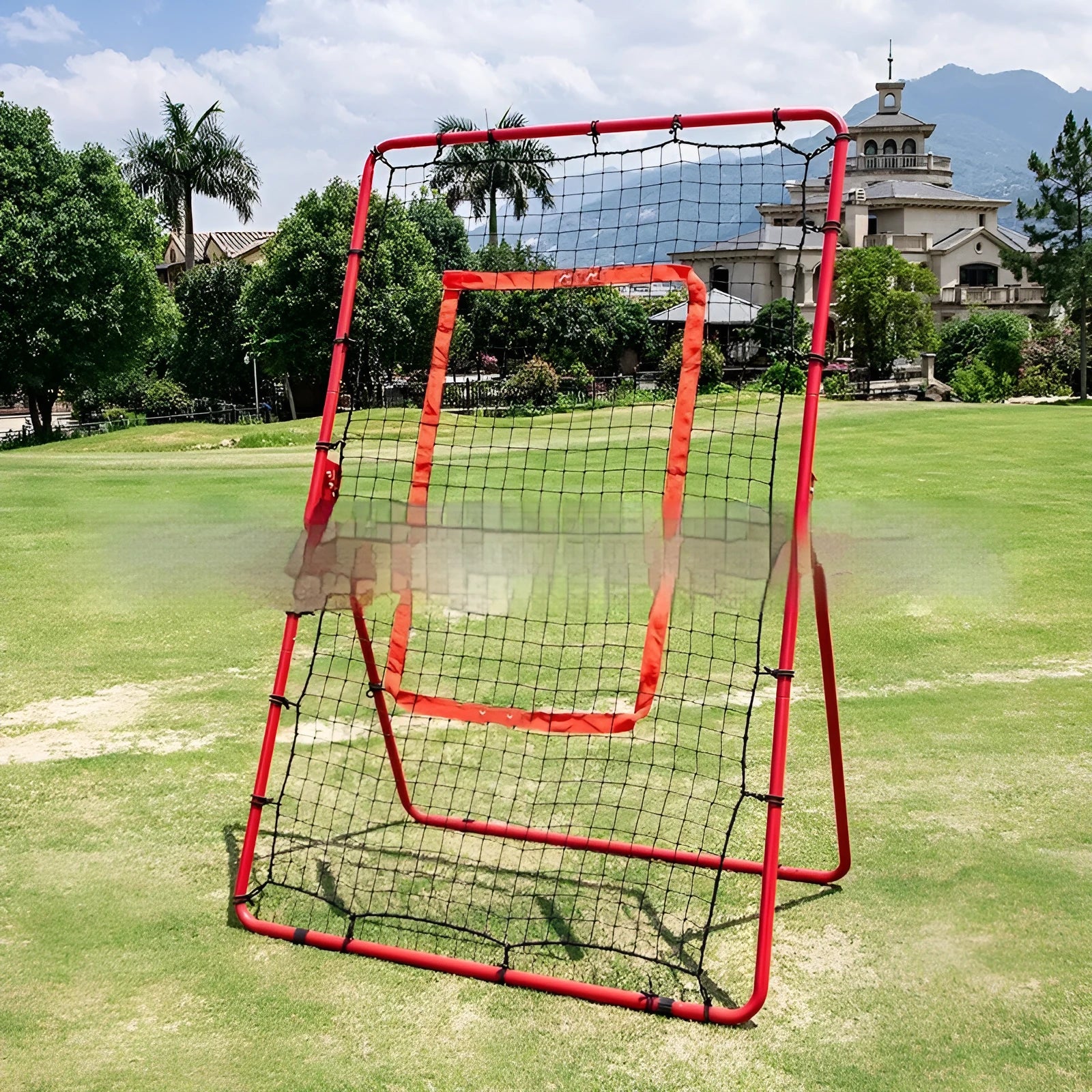 Red portable baseball training net with metal frame measuring 4x6FT