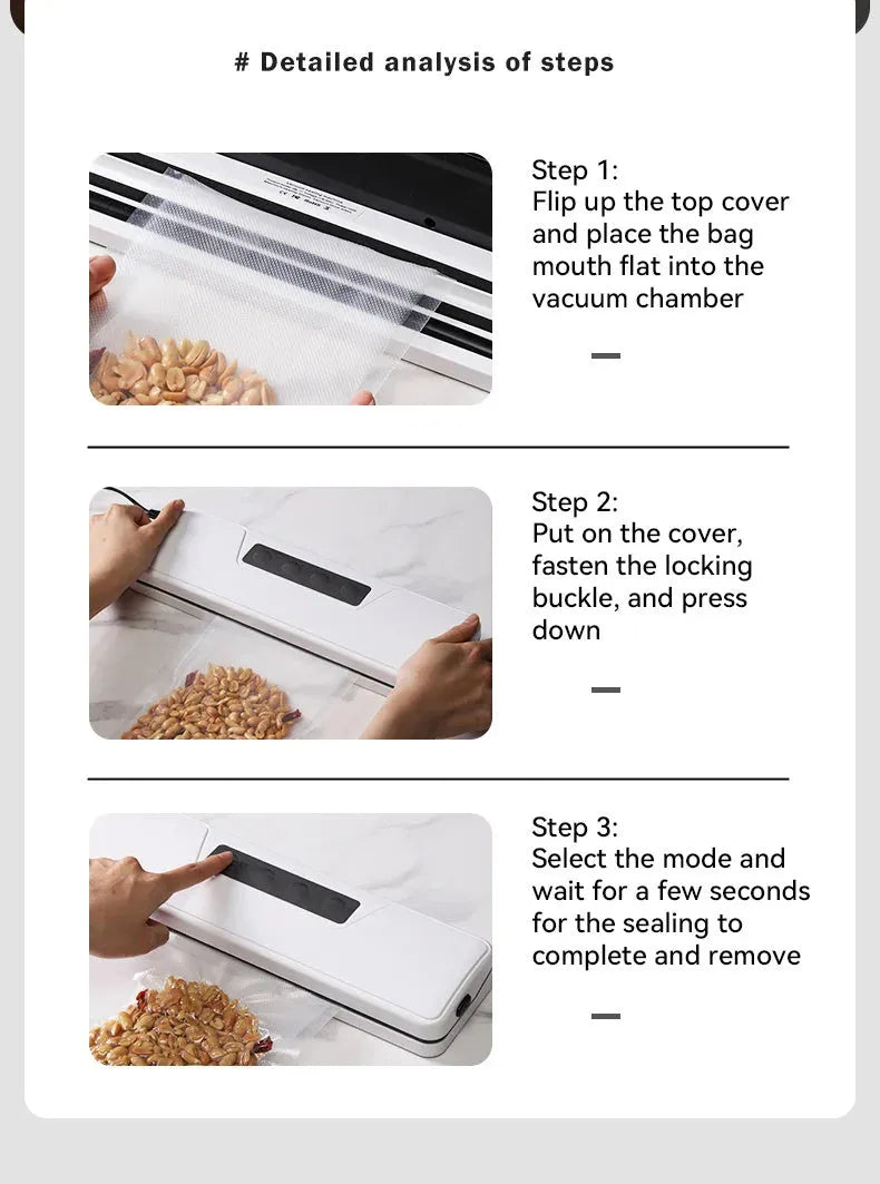 Small white automatic vacuum sealer machine for household food preservation and item protection