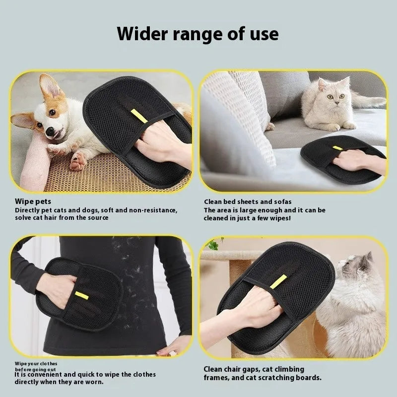 Black pet hair remover mitt glove with dual-sided silicone brush on breathable mesh material