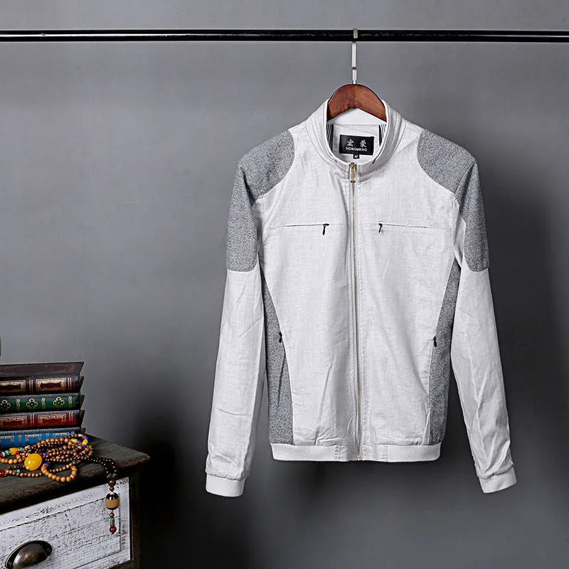 Men's thin blue cotton linen jacket for plus size leisure wear, showing regular fit.