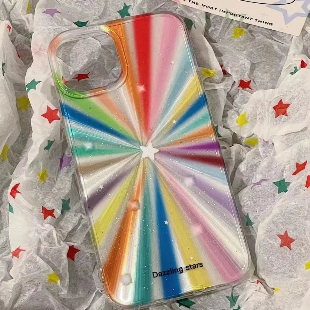 Drop-resistant transparent rainbow star phone case with CD grain TPU back cover for iPhone 11 to 16 Pro Max