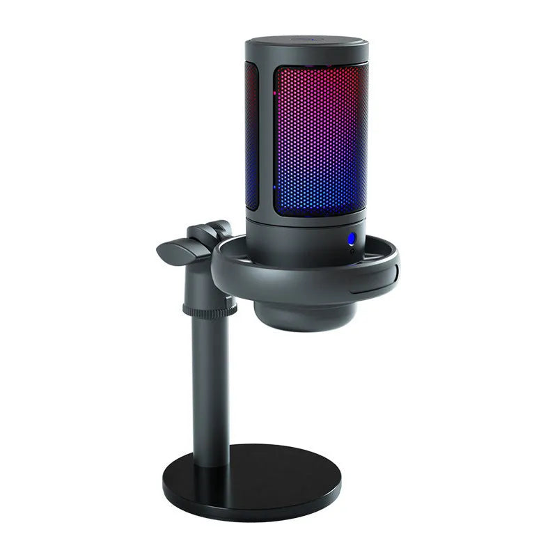USB condenser microphone with colourful RGB lighting and adjustable cantilever arm on desktop