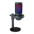 USB condenser microphone with colourful RGB lighting and adjustable cantilever arm on desktop