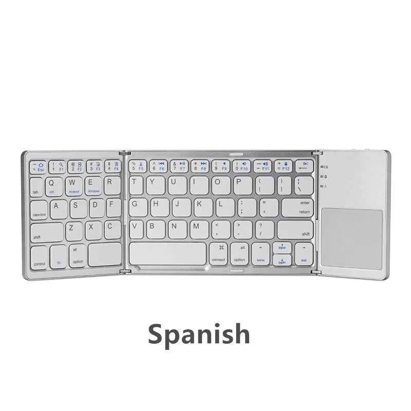 Black ultra-thin tri-fold Bluetooth keyboard with touchpad open and folded showing compatibility with iPhone and Android