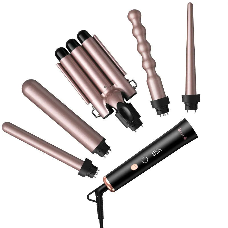 Rose gold hair curler with LCD screen and multiple international power specifications