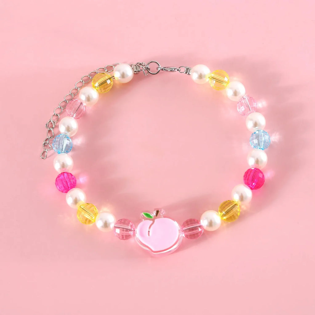 Adjustable colourful beads plastic cat necklace in peach, rainbow and small flower designs