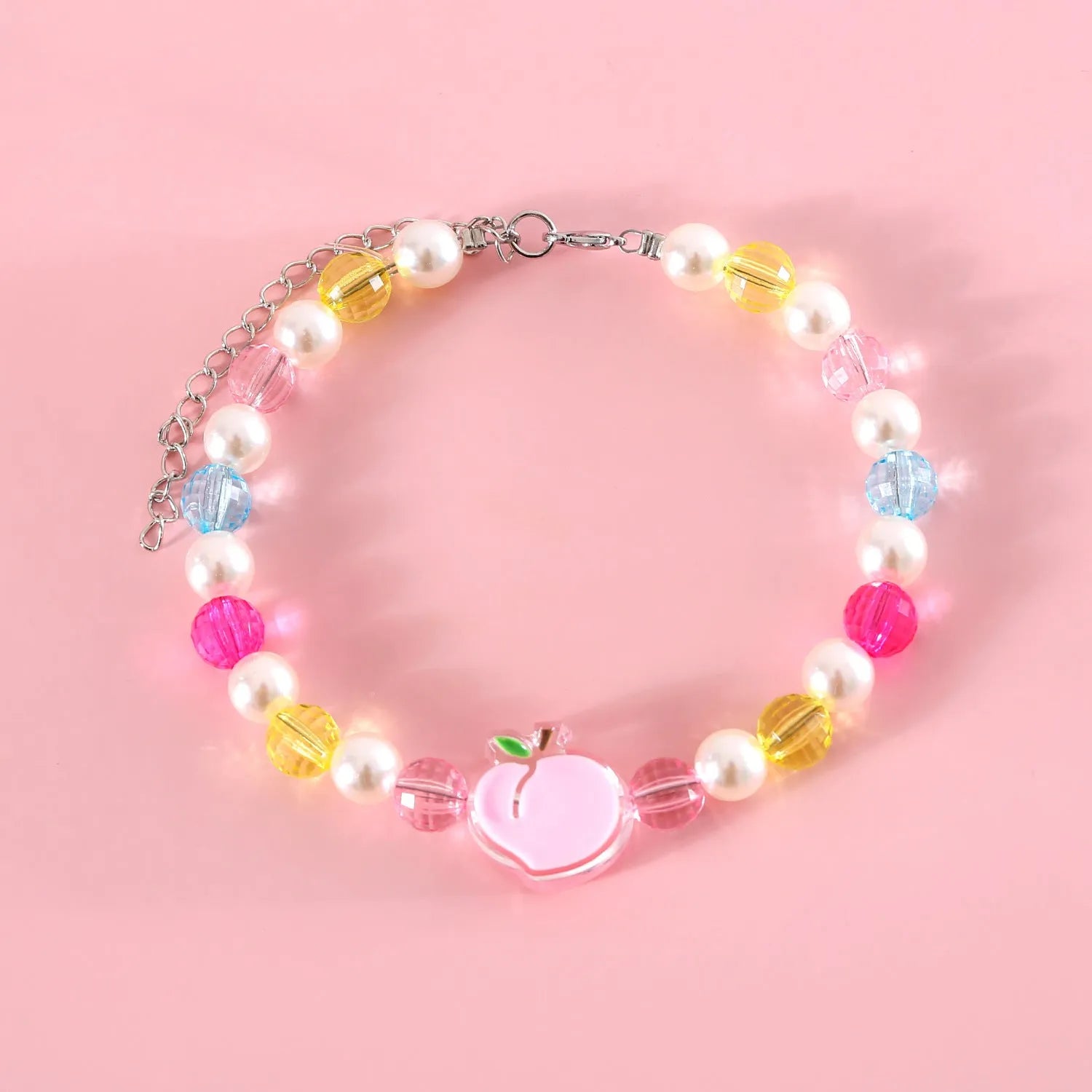 Adjustable colourful beads plastic cat necklace in peach, rainbow and small flower designs